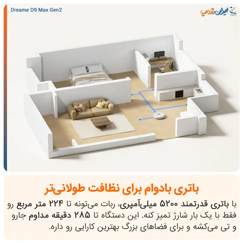 باتری با دوام 5,200 میلیآمپری در جارو رباتیک Dreame D9 Max Gen 2
