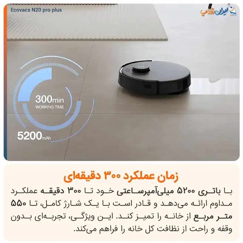 باتری قدرتمند همراه با فعالیت تا 300 دقیقه با جارو رباتیک اکووکس مدل N20 Pro Plus