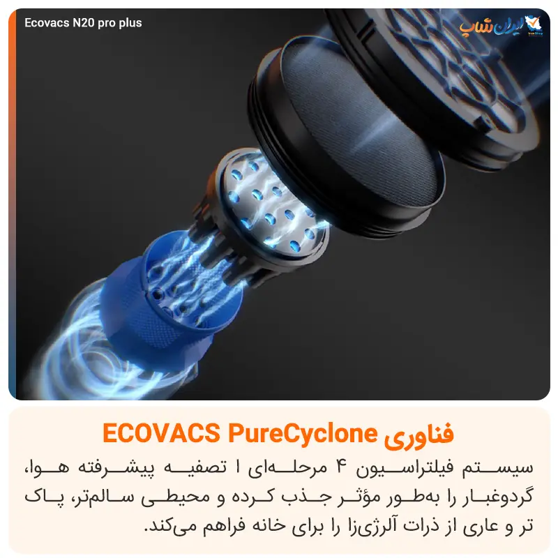 فناوری PureCyclone و سیستم فیلتراسیون چهارگانه در Ecovacs N20 Pro Plus
