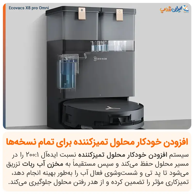 افزودن خودکار محلول تمیز کننده در جارو رباتیک اکووکس مدل X8 Pro Omni