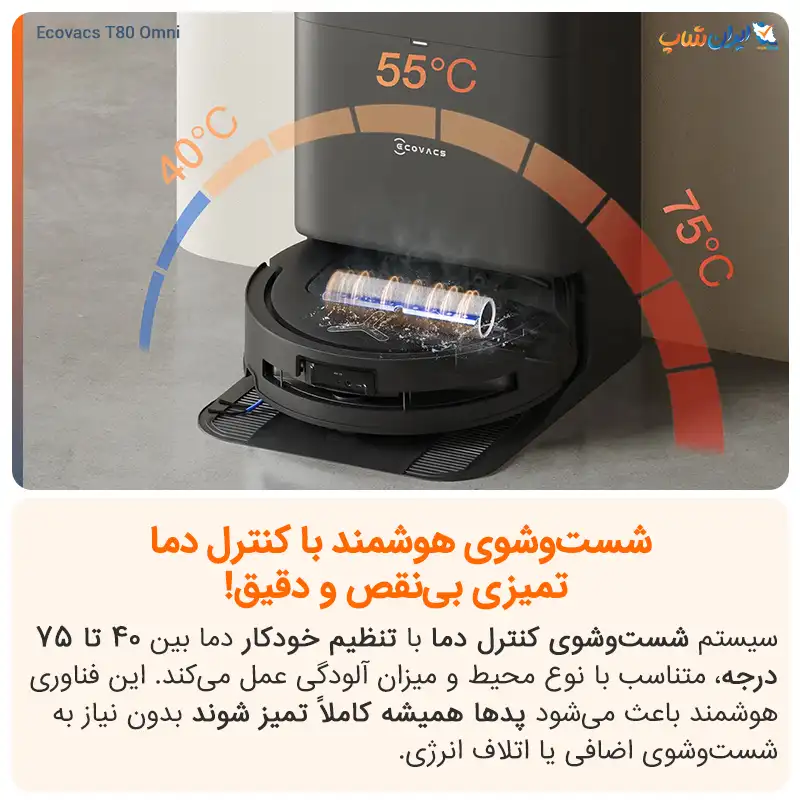 شست و شوی هوشمند پد تیها همراه با کنترل دما در جارو رباتیک اکووکس مدل T80 Omni