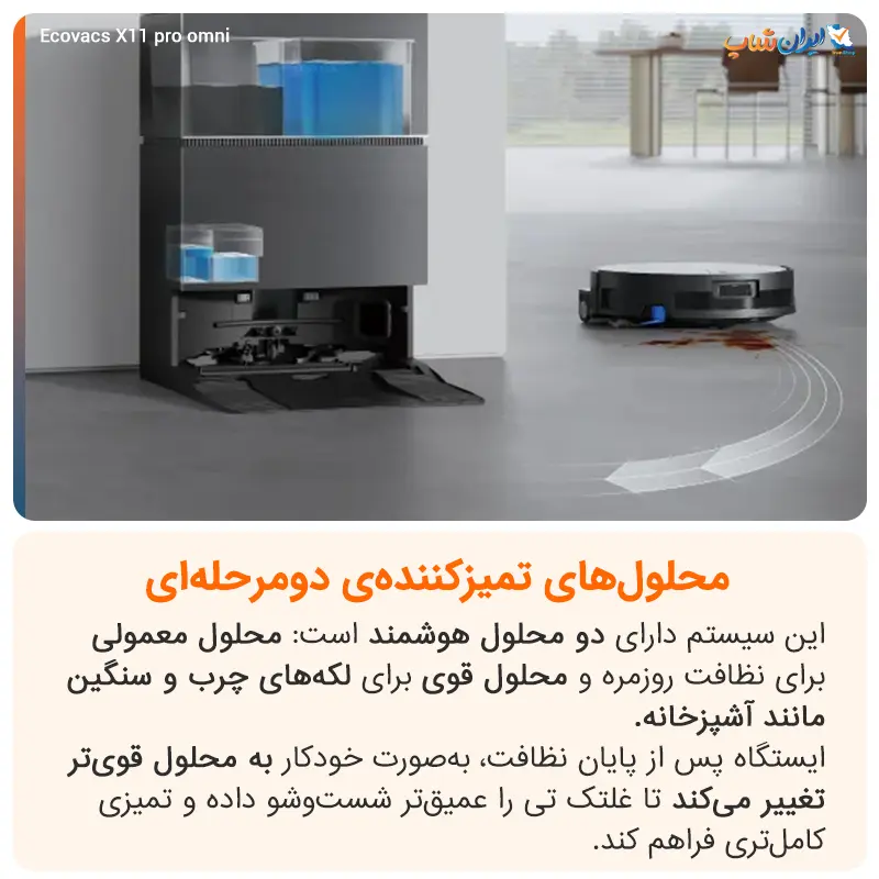 محلول های تمیزکننده دو مرحله ای در جارو رباتیک اکووکس X11 pro omni