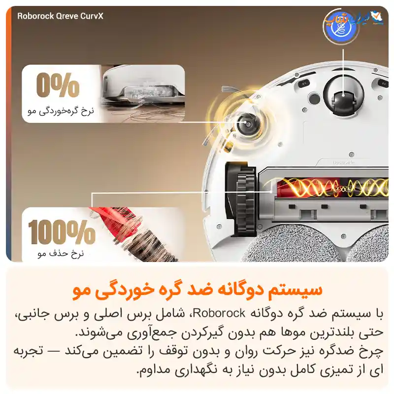 سیستم دوگانه ضد گره خوردگی مو جارو رباتیک روبوراک مدل Qrevo CurvX