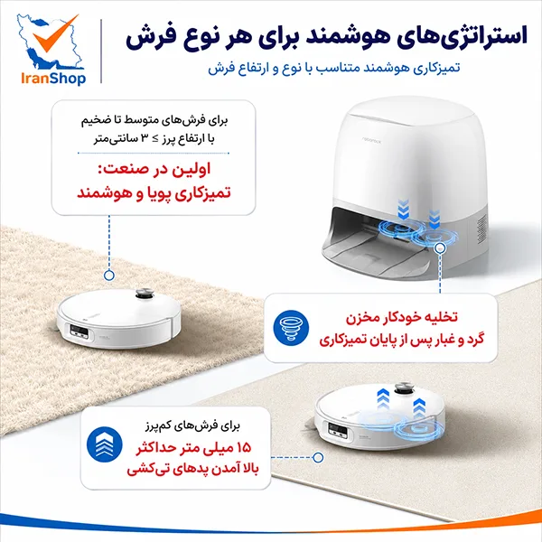 عملکرد جارو رباتیک روبوراک مدل Qrevo Curv 2 ProX روی فرش کوتاه‌پرز و موکت