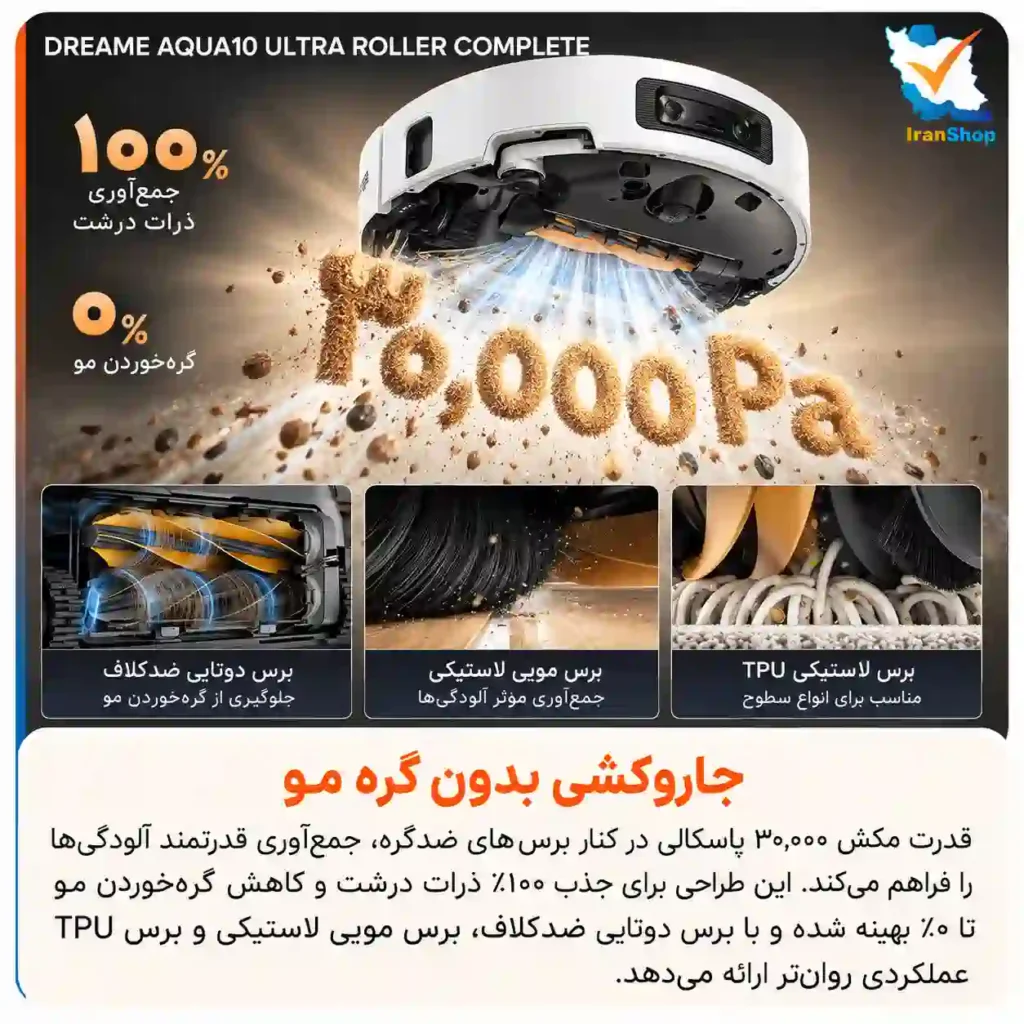 مکش بسیار بالای ۳۰٬۰۰۰ پاسکال در جارو رباتیک دریم مدل Aqua10 Ultra Roller Complete، توانی که گردوغبار ریز، خرده‌ریزهای روزمره را به خوبی در خود جای میدهد.