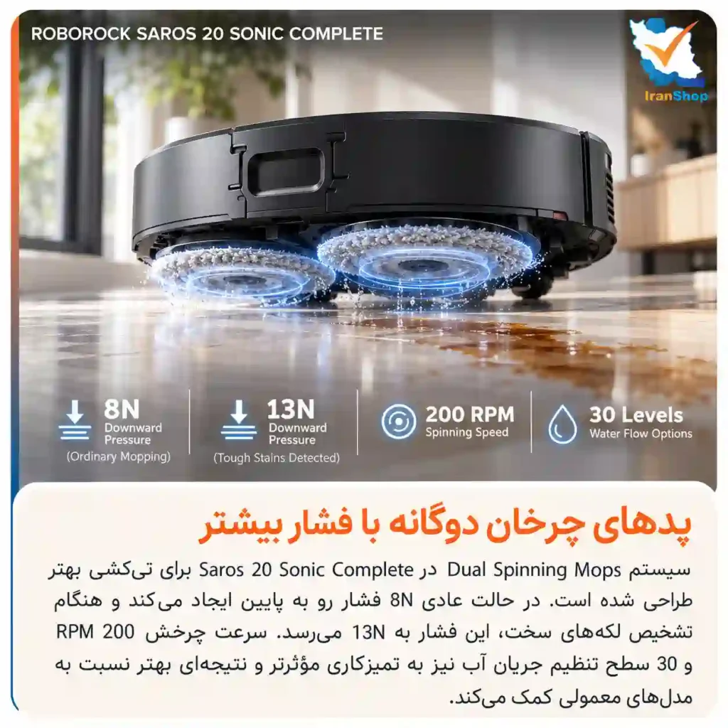 تی‌کشی لرزشی VibraRise 5.0 و پد‌های چرخان برای نظافت بهتر جارو رباتیک روبوراک Saros 20 Sonic Complete