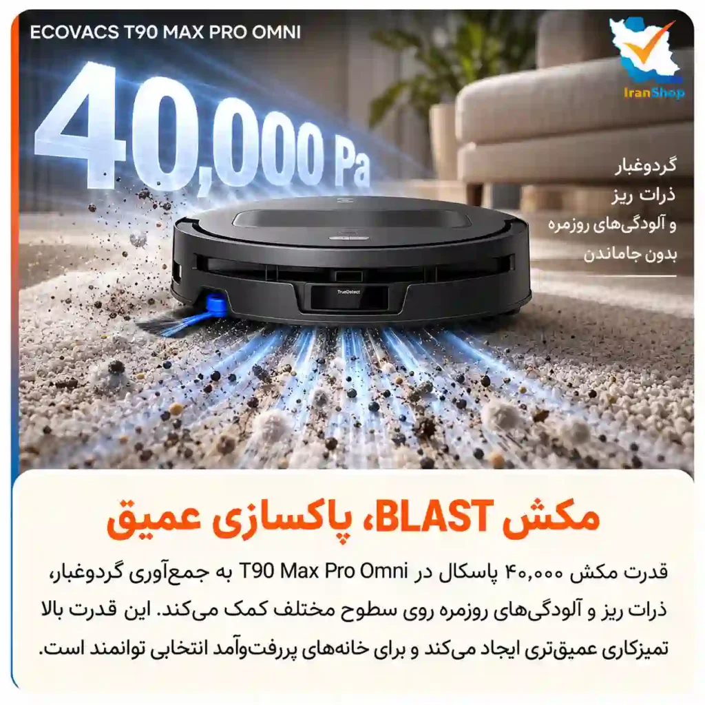 قدرت مکش 40,000 پاسکال و فناوری blast در جارو رباتیک اکووکس مدل T90 Max Pro Omni تمامی گرد و غبار را جمعآوری میکند