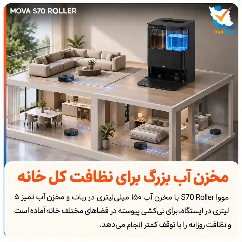 نظافت کامل خانه به دلیل داشتن مخزن آب بزرگ جارو رباتیک S70 mova Roller