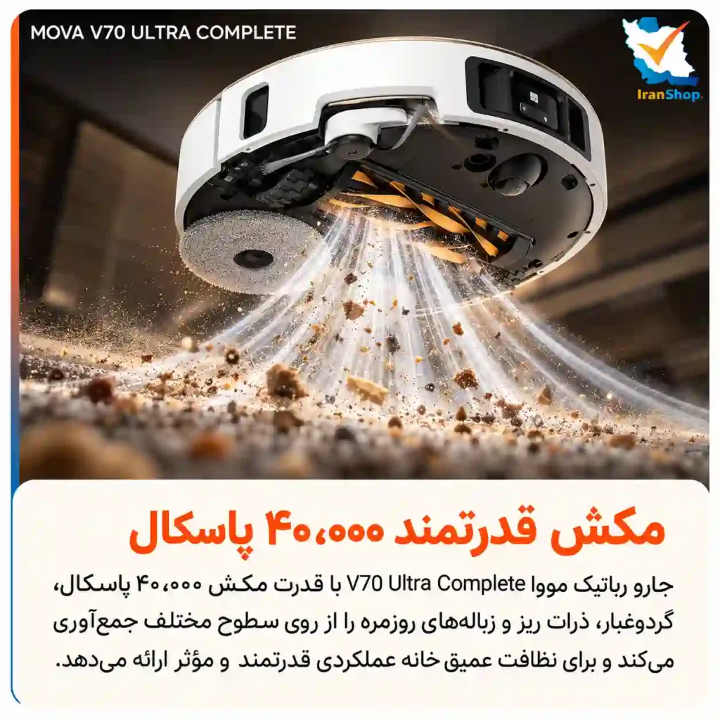 مکش ۴۰٬۰۰۰ پاسکال جارو رباتیک مووا مدل V70 Ultra Complete تمامی مو و ذرات ریز را جمع‌آوری می‌کند