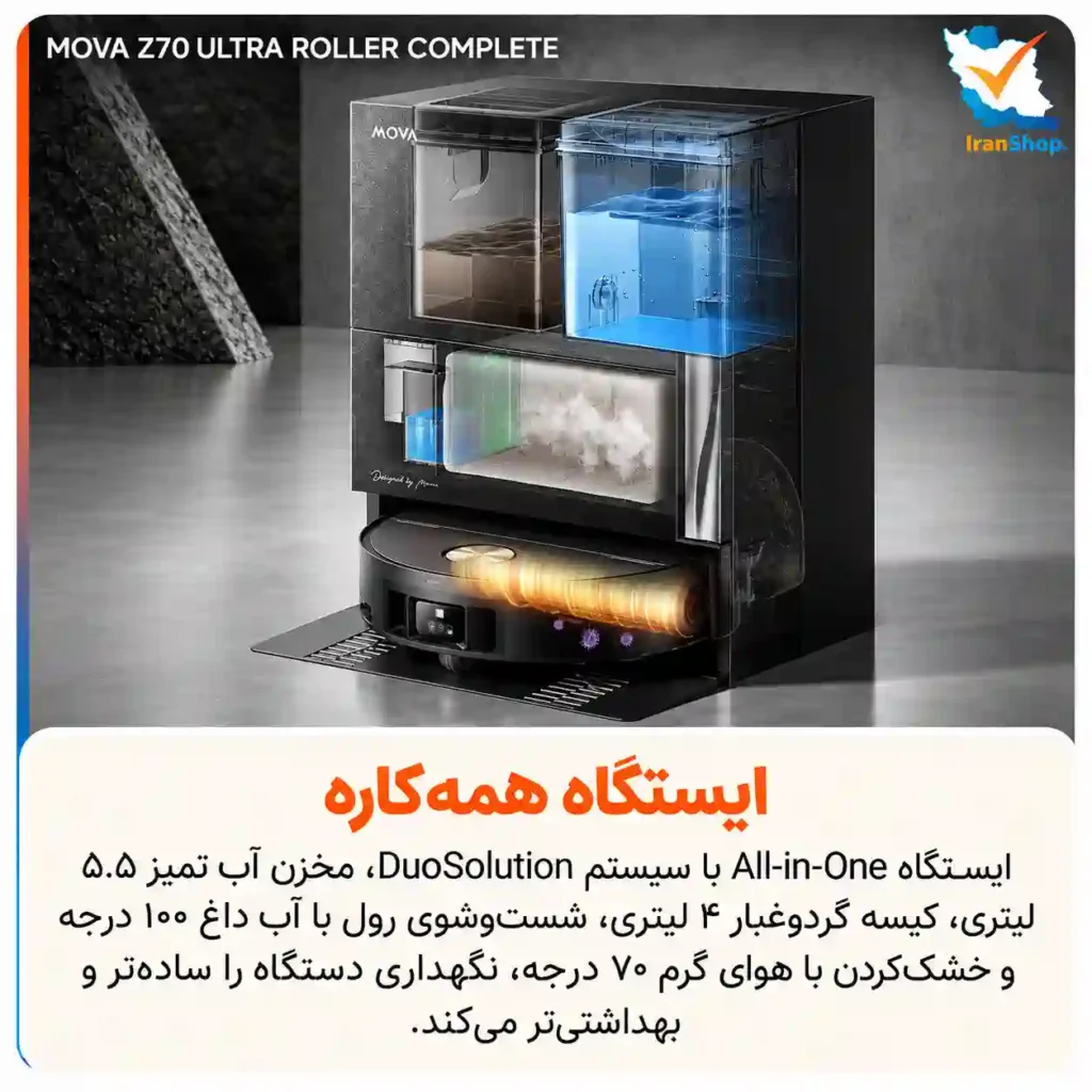 داک همه‌کاره و کاملا اتوماتیک با ظرفیت گرد و غبار بالا جارو رباتیک مووا مدل Z70 Ultra Roller Complete